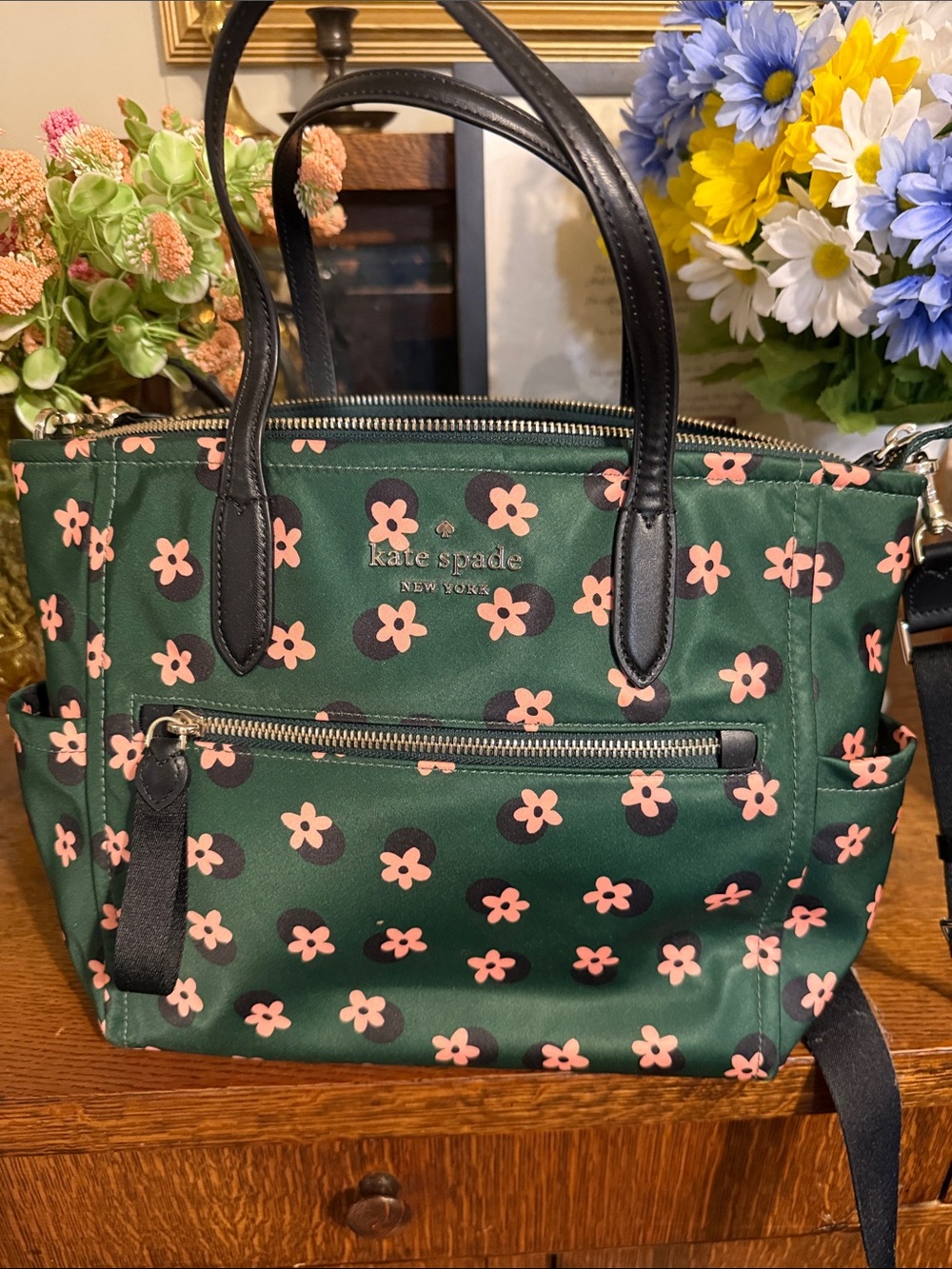 kate spade Green Floral Nylon Tote with Black Handles